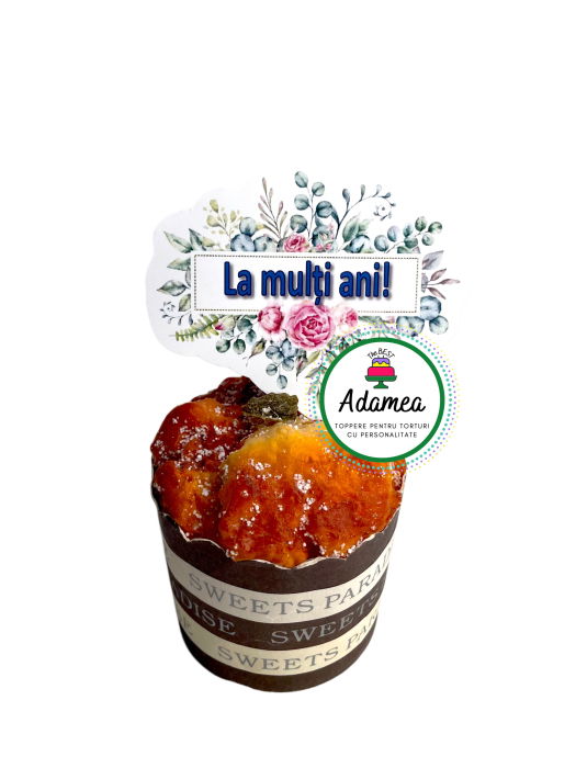 Topper de tort personalizat cu element din carton cu un stegulet cu urarea La multi ani pe albastru si flori speciale [1]