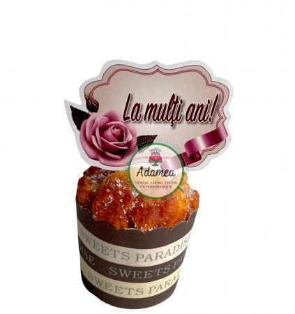 Topper de tort  personalizat cu element special din carton sub forma de  placheta crem cu la multi ani si trandafir