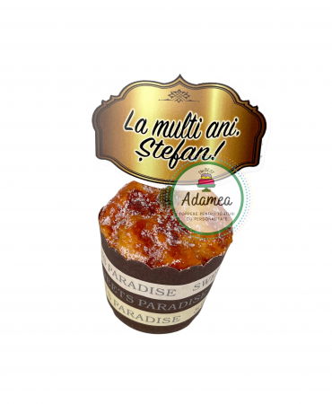 Topper de tort cu element special din carton sub forma de placheta aurie cu La multi ani, Stefan