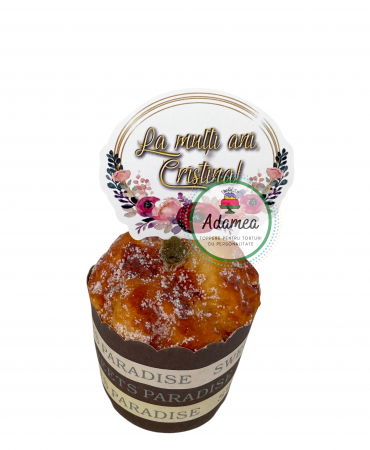 Topper de tort cu element special din carton sub forma de placheta ovala cu flori si La multi ani, Cristina