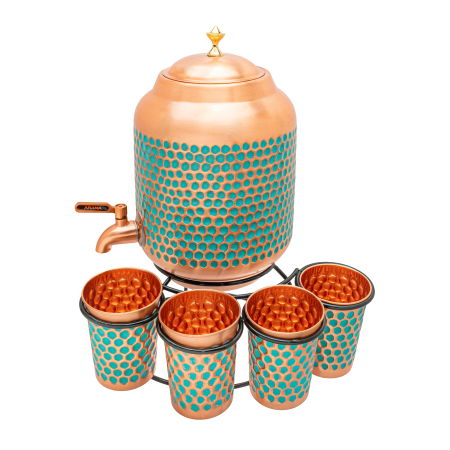 Recipiente din cupru - Set din cupru Smarald 5L cu 4 pahare și stativ – recipient lucrat manual din cupru 99,9% pur