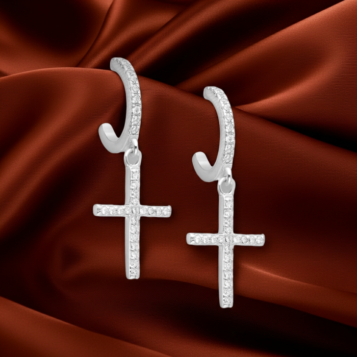 Cercei deschisi cu cruciulită din argint Sterling 925 cu diamante simulate [2]