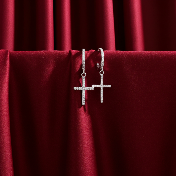 Cercei deschisi cu cruciulită din argint Sterling 925 cu diamante simulate [3]