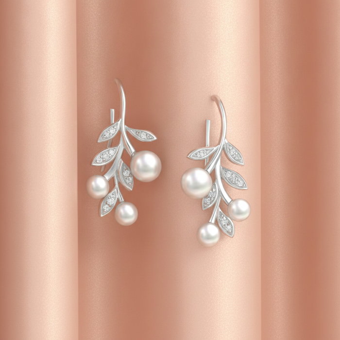 Cercei Frunza din argint Sterling 925 cu perle de apa dulce si diamante simulate [2]