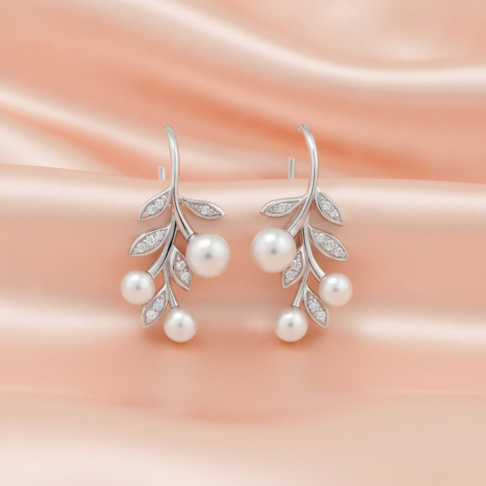 Cercei Frunza din argint Sterling 925 cu perle de apa dulce si diamante simulate [6]