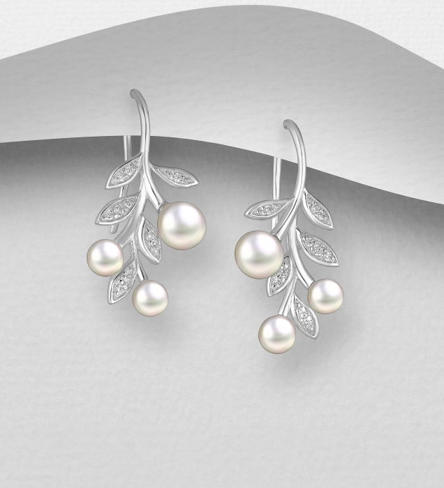 Cercei Frunza din argint Sterling 925 cu perle de apa dulce si diamante simulate [1]