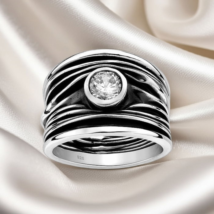 Inel Banda din argint Sterling 925 stil oxidat cu diamant simulat [5]