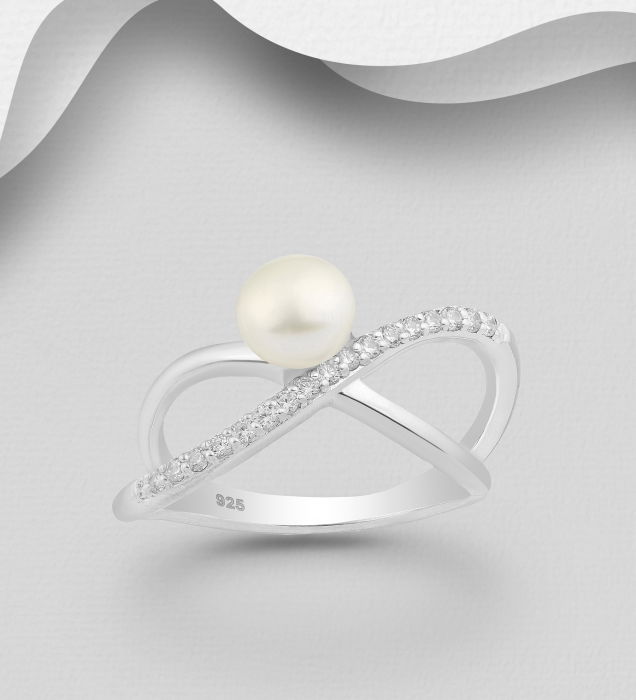 Inel din argint Sterling 925 cu perla de apa dulce si diamante simulate [4]