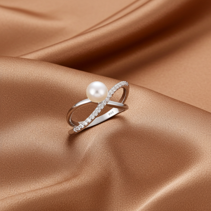 Inel din argint Sterling 925 cu perla de apa dulce si diamante simulate [2]