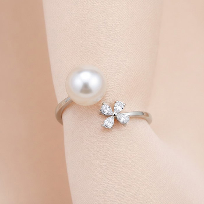 Inel reglabil Floare din argint Sterling 925 cu diamante simulate și perle de apă dulce [3]