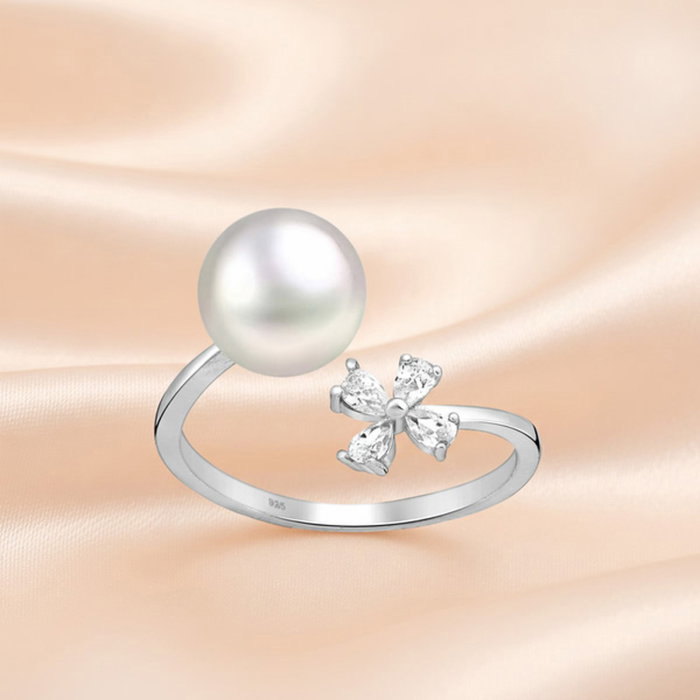 Inel reglabil Floare din argint Sterling 925 cu diamante simulate și perle de apă dulce [1]