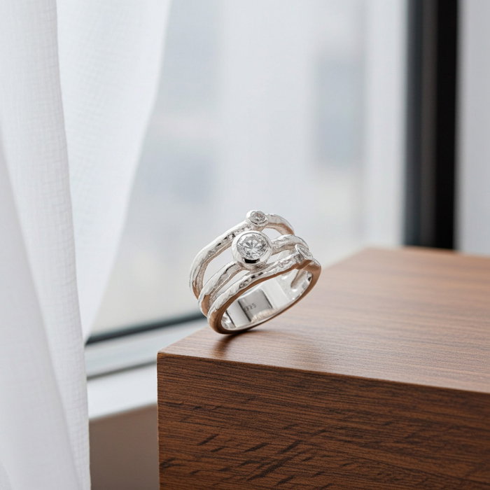 Inel stratificat și texturat din argint Sterling 925 cu diamante simulate [8]