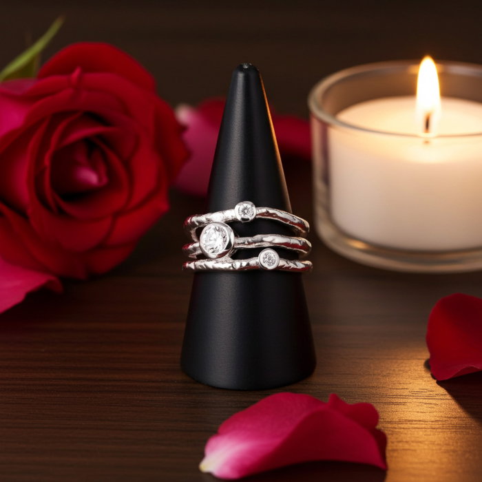Inel stratificat și texturat din argint Sterling 925 cu diamante simulate [9]