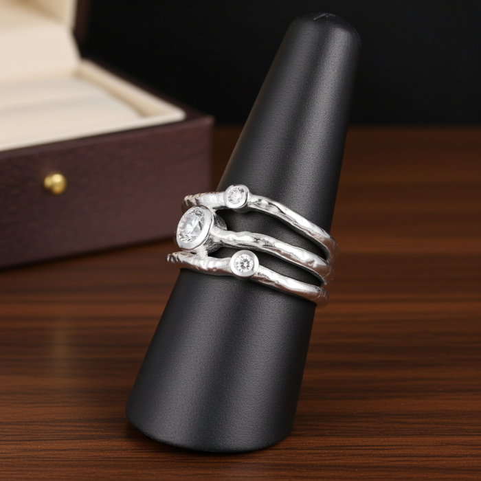 Inel stratificat și texturat din argint Sterling 925 cu diamante simulate [4]