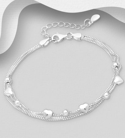 BRATARI ARGINT SIMPLE - Bratara din argint Sterling 925 cu 3 lantisoare si inimioare