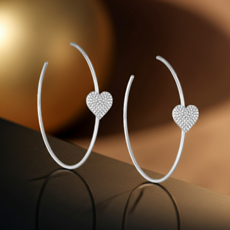 BIJUTERII SI CEASURI - Cercei Cerc Argint 925 Inimioara cu Diamante Simulate – Colectia Love