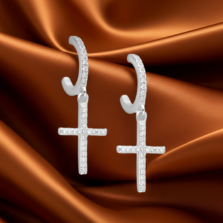 CERCEI ARGINT CU PIETRE - Cercei deschisi cu cruciulită din argint Sterling 925 cu diamante simulate