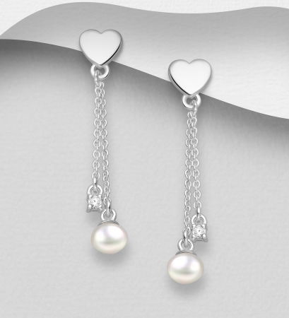 CERCEI ARGINT CU PIETRE - Cercei Inimioara din argint Sterling 925 cu perle de apa dulce si diamante simulate