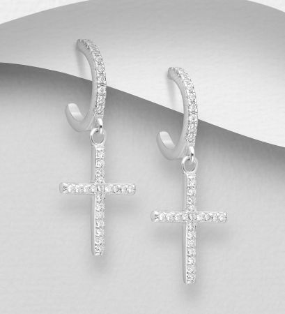 CERCEI ARGINT CU PIETRE - Cercei deschisi cu cruciulită din argint Sterling 925 cu diamante simulate