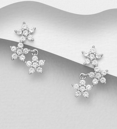 CERCEI ARGINT DAMA - Cercei 3 Flori din argint Sterling 925 cu diamante simulate