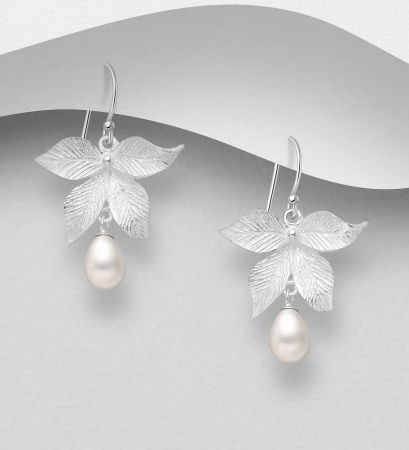 CERCEI ARGINT CU PIETRE - Cercei Frunza din argint Sterling 925 cu perle de apa dulce