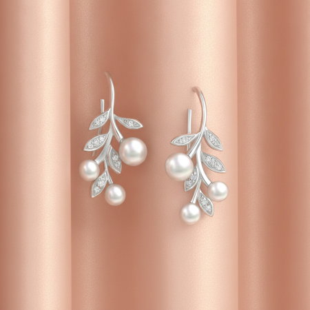 Cercei Frunza din argint Sterling 925 cu perle de apa dulce si diamante simulate [1]