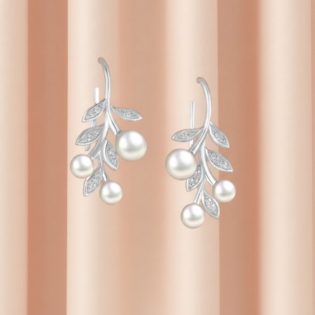Cercei Frunza din argint Sterling 925 cu perle de apa dulce si diamante simulate [3]