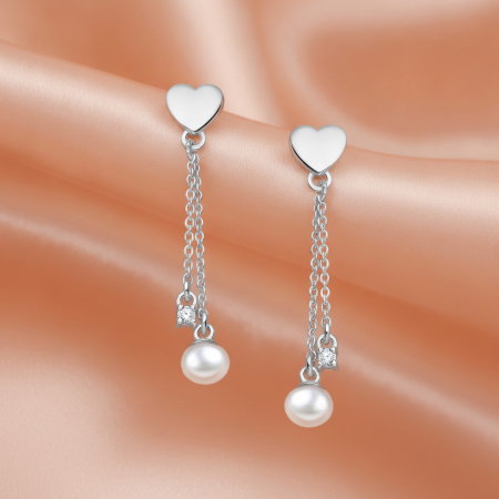 CERCEI ARGINT DAMA - Cercei Inimioara din argint Sterling 925 cu perle de apa dulce si diamante simulate