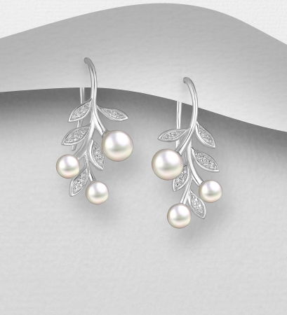 PERLE - Cercei Frunza din argint Sterling 925 cu perle de apa dulce si diamante simulate
