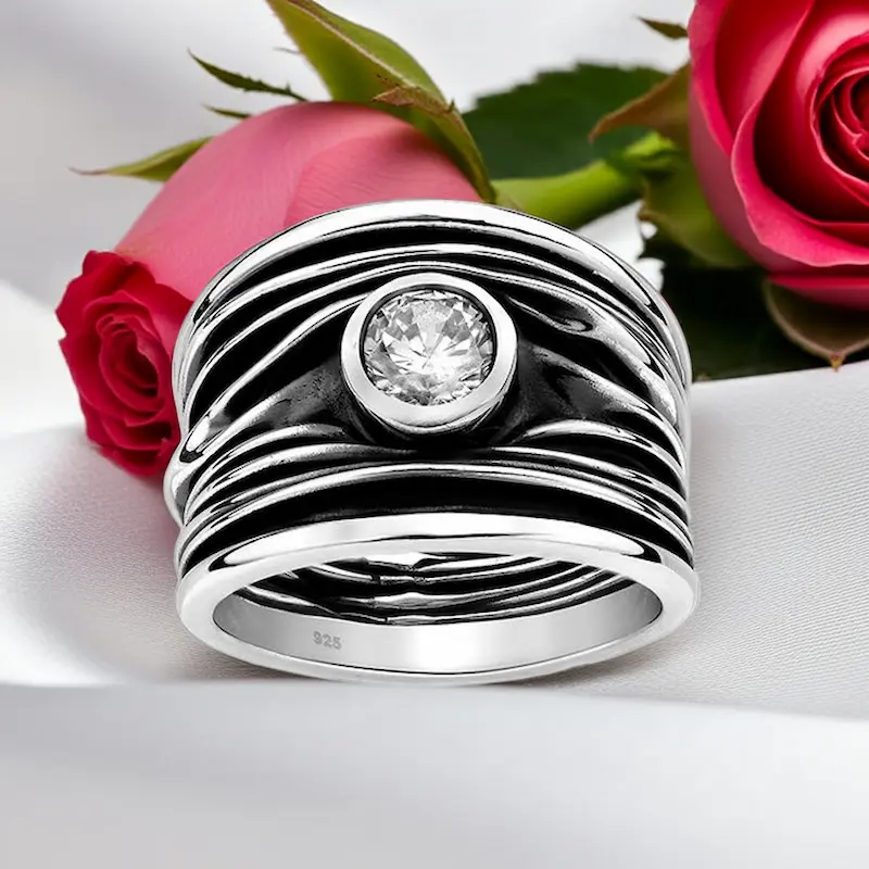 Inel Banda din argint Sterling 925 stil oxidat cu diamant simulat [2]