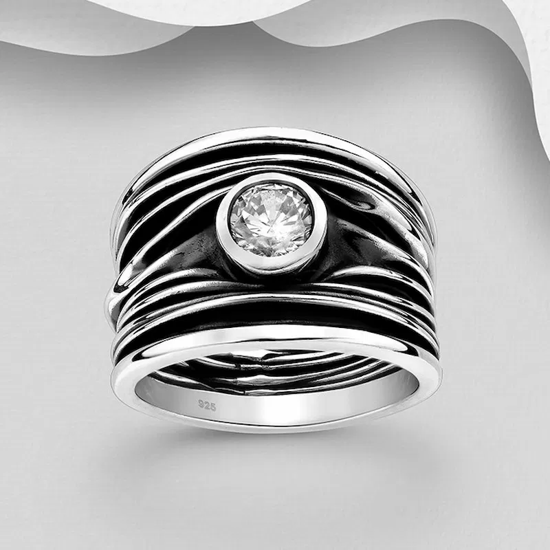 Inel Banda din argint Sterling 925 stil oxidat cu diamant simulat [1]