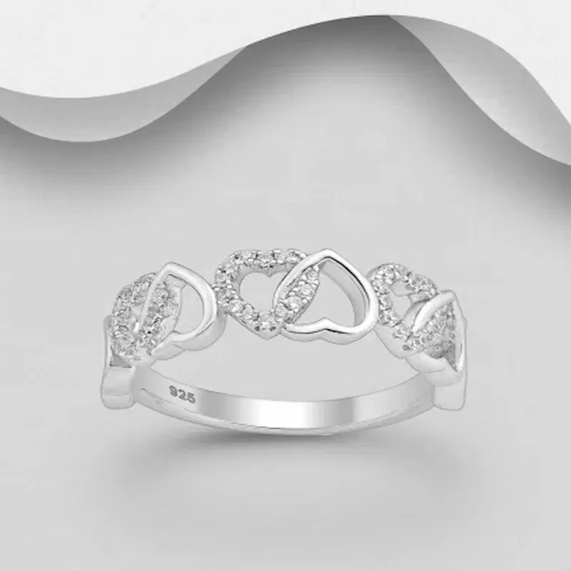 INELE LOGODNA SI VERIGHETE ARGINT - Inel cu inimioare din argint Sterling 925 cu diamante simulate