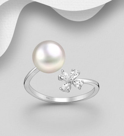 INELE ARGINT CU PIETRE - Inel reglabil Floare din argint Sterling 925 cu diamante simulate și perle de apă dulce