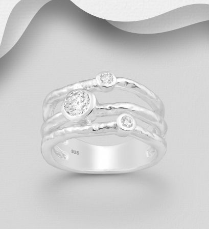 INELE ARGINT CU PIETRE - Inel stratificat și texturat din argint Sterling 925 cu diamante simulate