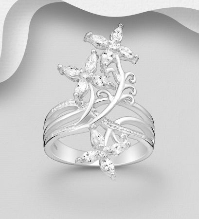 INELE ARGINT CU PIETRE - Inel Floare din argint Sterling 925 cu diamante simulate