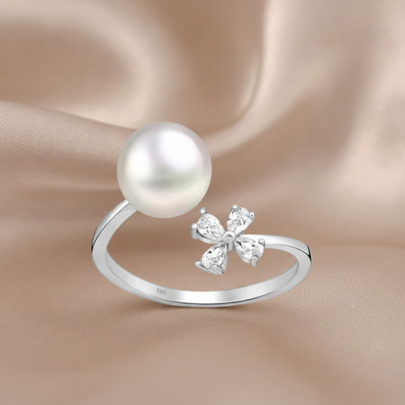 Inel reglabil Floare din argint Sterling 925 cu diamante simulate și perle de apă dulce [1]