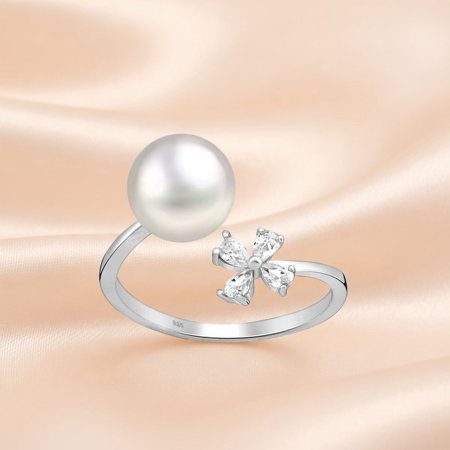 Inel reglabil Floare din argint Sterling 925 cu diamante simulate și perle de apă dulce