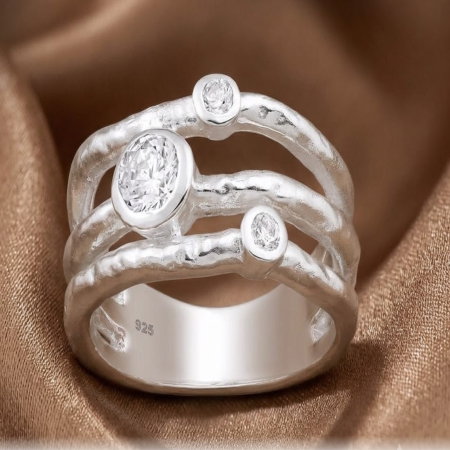 INELE ARGINT DAMA - Inel stratificat și texturat din argint Sterling 925 cu diamante simulate