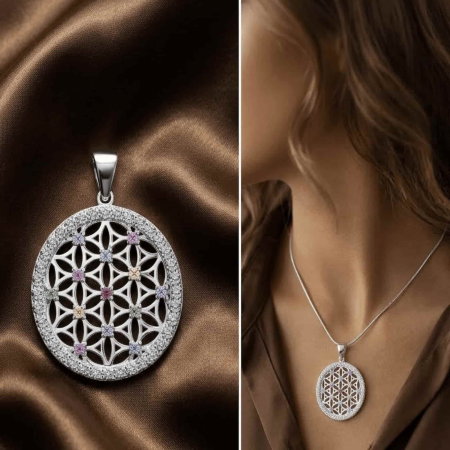 COLIERE ARGINT CU PIETRE - colier-mandala-floarea-vieții-din-argint-sterling-925-cu-zirconii-multicolore