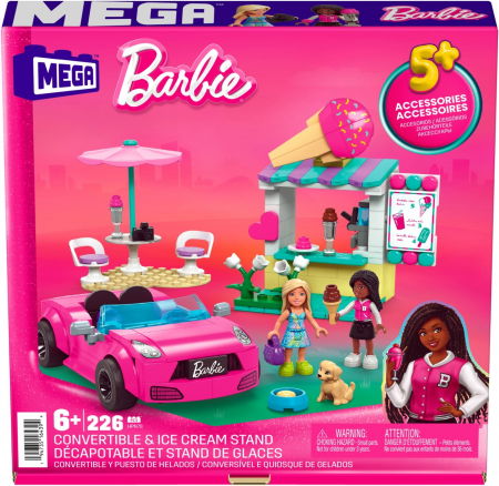 Jocuri si articole copii - Barbie Mega Bloks - Set de Joacă Mașină Decapotabilă și Stand de Înghețată 