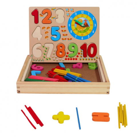 Jocuri si articole copii - Joc educativ cu puzzle numere ,betisoare si tabla de scris cu creta,lemn,24x19x3 cm