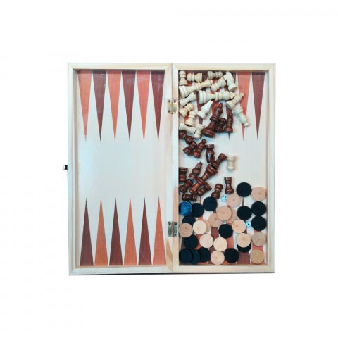 Jocuri si articole copii - Joc societate 3 in 1 sah,table si dame, lemn,48x24x4 cm