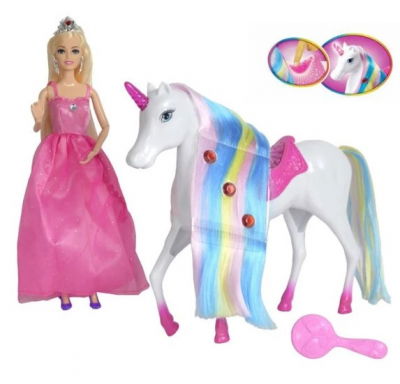 Papusi & accesorii - Papusa printesa in rochie lunga roz si coroana argintie in par si un unicorn alb cu o coama lunga in culorile curcubeului cu sa si corn cu lumina