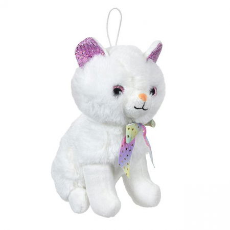 Jucarii de plus - Pisicuță Albă din Plus cu Fundiță, 18 cm
