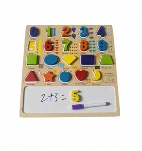 Jocuri si articole copii - Puzzle incastru cu numere, forme  si mini tablita de scris si marker, lemn, 30x30 cm