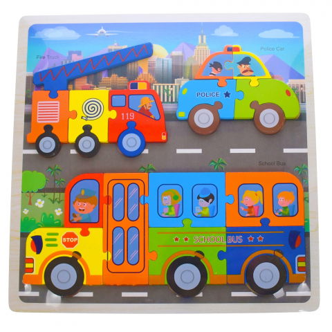Jocuri si articole copii - Puzzle incastru lemn cu 3 vehicule, autobuz, masina de politie si masina de pompieri, 23 piese, 30x30 cm,3ani+