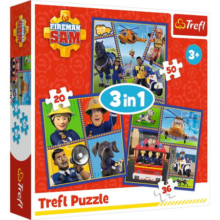 Jocuri si articole copii - Puzzle Trefl 3in1 Pompierul Sam O Zi din Viața Pompierilor