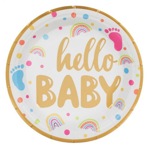 Vesela pentru petrecere - Set 6 Farfurii din Carton pentru Petrecere, cu mesajul Hello baby - 23 cm