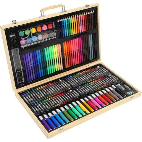 Jocuri si articole copii - Set de desen si pictura pentru copii cu 180 piese in cutie de lemn tip servieta,47x29x4.5 cm