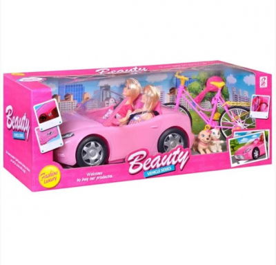 Papusi & accesorii - Set format din doua papusi manechin intr-o masina decapotabila roz